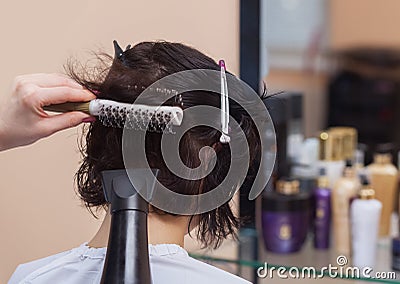 The hairdresser dries her hair a brunette girl Stock Photo