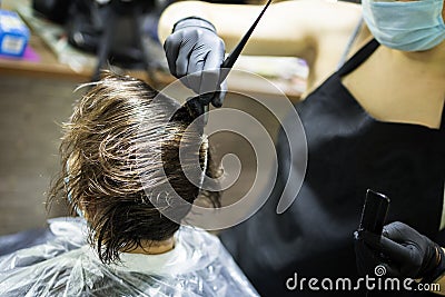 Hairdresser dyes woman hair Stock Photo
