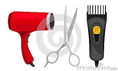 Hairdresser Equipment or Tools with Blowdryer and Scissors Vector Set Vector Illustration