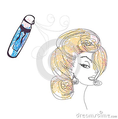 Hairdresser fixing woman hair with hairspray Vector Illustration