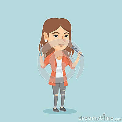 Hairdresser holding comb and scissors in hands. Vector Illustration