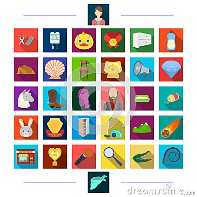 Hairdresser, hygiene, animal and other web icon in flat style., industry, textiles, sports, icons in set collection. Vector Illustration