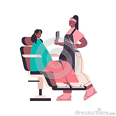 Hairdresser making hair style to african american client in beauty salon Vector Illustration