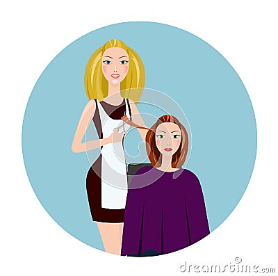 Hairdresser making haircut. Hair stylist in a barber salon. Vector Illustration