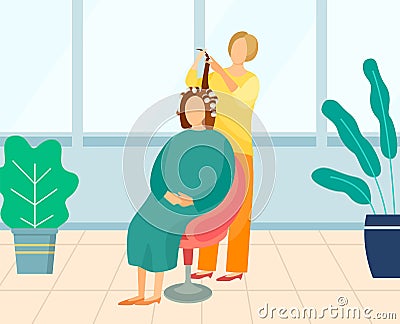 Hairdresser Making Hairstyle for Female Client Vector Illustration