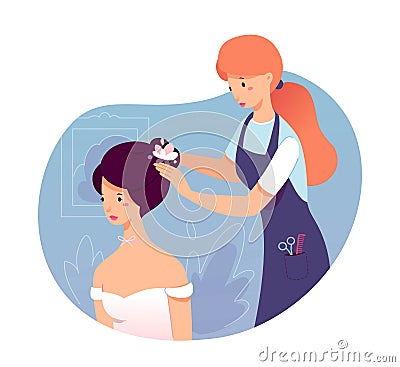 Hairdresser making wedding hairstyle for bride Vector Illustration