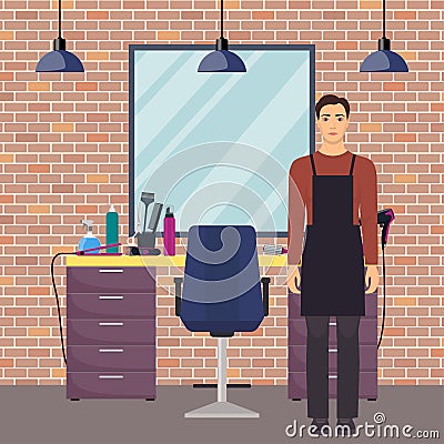 Hairdresser in modern hairdressing salon in loft style. Hairdresser waiting for client. Chair, mirror, table, hairdressing tools, Cartoon Illustration
