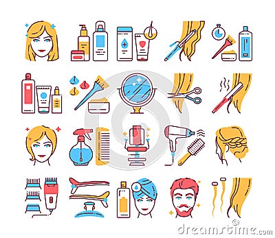 Hairdresser service color line icons set. Professional hair styling. Beauty industry. Pictograms for web page, mobile app, promo Vector Illustration