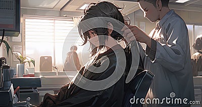 Hairdresser styling a young beautiful womans hair - Generative AI Stock Photo