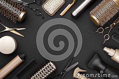 Hairdresser tools on black background with copy space in center Stock Photo