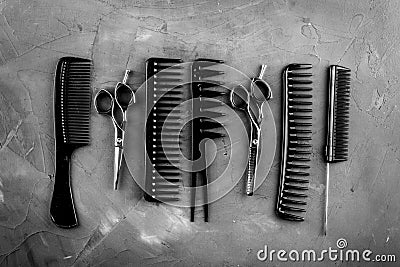 Hairdresser tools. Flat lay on grey background top view Stock Photo
