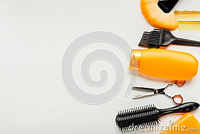 Hairdresser tools, hair salon equipment for professional hairdressing in beauty salon, haircut service. Top view with copy space Stock Photo