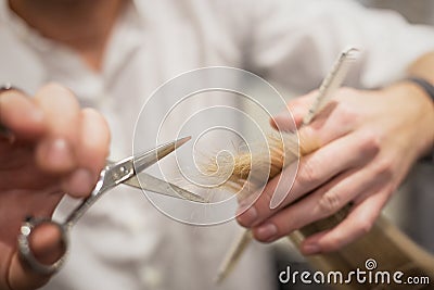 Hairdresser trimming hair Stock Photo