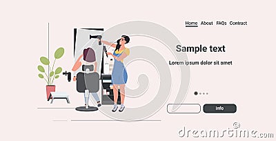 Hairdresser using hair dryer making hair style to her client beauty salon concept horizontal copy space full length Vector Illustration