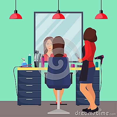 Hairdresser and woman client in beauty hairdressing salon. Chair, mirror, table, hairdressing tools, cosmetic products for hair ca Cartoon Illustration
