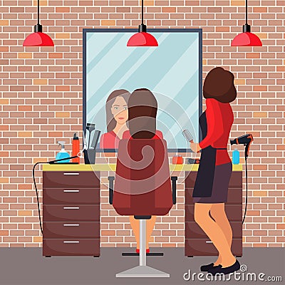 Hairdresser and woman client in beauty hairdressing salon. Chair, mirror, table, hairdressing tools, cosmetic products for hair ca Cartoon Illustration