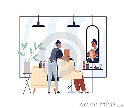 Hairdresser and woman client in chair in front of mirror in beauty salon. Hairstylist caring and treating customers hair Vector Illustration