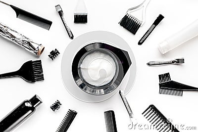 Hairdresser woorking desk with tools on white background top view Stock Photo