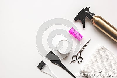 Hairdresser working desk preparation for cutting hair top view Stock Photo