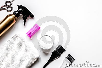 Hairdresser working desk preparation for cutting hair top view Stock Photo