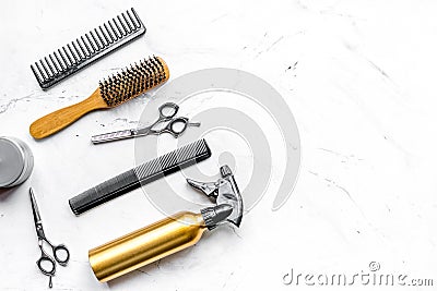 Hairdresser working desk with tools on white background top view mock up Stock Photo