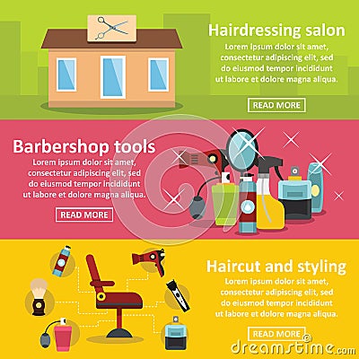 Hairdressing banner horizontal set, flat style Vector Illustration