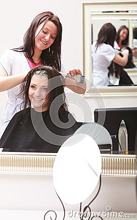 Hairdressing beauty salon. Woman dying hair. Hairstyle. Stock Photo