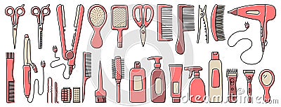 Hairdressing equipment line sketch. Professional hair dresser tools. Hand drawn doodle icons set. Vector illustration. Barber Vector Illustration