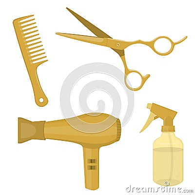 Hairdressing equipment. Scissors, hair dryer, hair comb and water spray bottle. Gold colored. Vector Illustration Vector Illustration