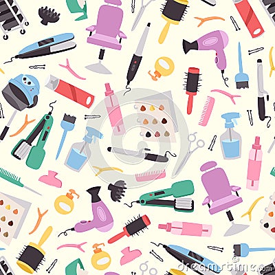 Hairdressing equipment seamless pattern vector illustration. Hair style salon texture with scissors, combs Vector Illustration