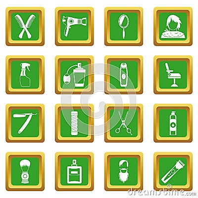 Hairdressing icons set green Vector Illustration