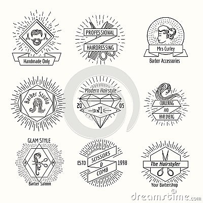 Hairdressing salon logo set in vintage hipster Vector Illustration