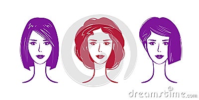 Hairdressing salon, makeup logo. Portrait of beautiful girl or young woman with trendy hairstyle. Vector illustration Vector Illustration