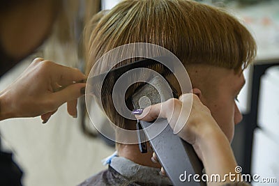 Hairdressing services. A man cuts hair at a hairdresser-stylist in a barbershop. scissors comb, clipper close-up.Barber at work. Editorial Stock Photo