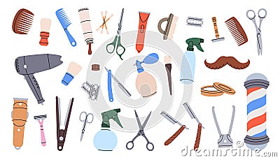 Hairdressing tool kit. Barber shop set. Barbershop equipments. Barber pole, razor blade, hair clipper, scissors, comb Vector Illustration