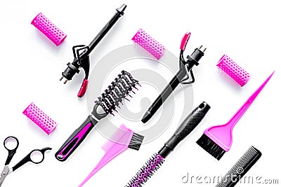 Hairdressing tools compositoin on white background top view Stock Photo