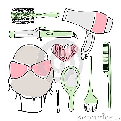 Hairdressing tools doodle vector set Cartoon Illustration