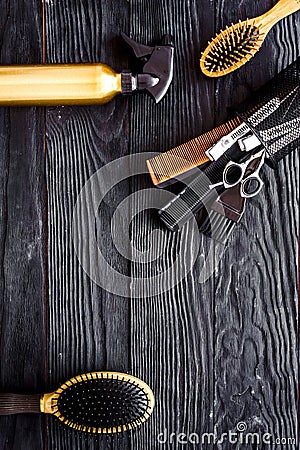 Hairdressing tools on grey wooden background top view space for text Stock Photo