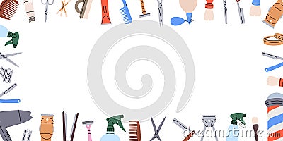 Hairdressing tools in horizontal banner. Barber shop line background. Barber pole, razor blade, hair clipper, scissors Vector Illustration