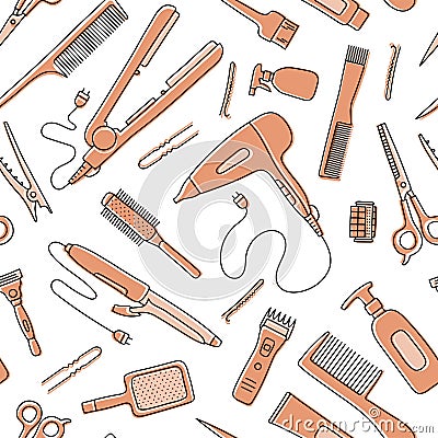 Hairdressing tools seamless pattern. Line sketch. Professional hair dresser equipment. Hand drawn doodle vector illustration. Vector Illustration