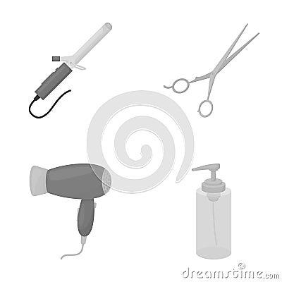 Hairdryer, hair dryer, lotion, scissors. Hairdresser set collection icons in monochrome style vector symbol stock Vector Illustration