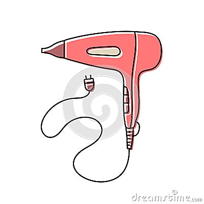 Hairdryer. Hairdressing equipment line sketch. Professional hair dresser tool. Hand drawn doodle icon. Vector illustration. Barber Vector Illustration