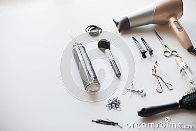 Hairdryer, scissors and other hair styling tools Stock Photo