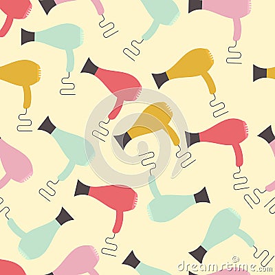 Hairdryers on beige background, vector seamless pattern. Hairdresser equipment repeat backdrop. Textile design idea Vector Illustration