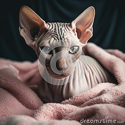 Hairless Donskoy Cat on Fuzzy Blanket Stock Photo