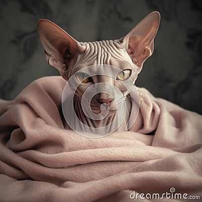 Hairless Donskoy Cat on Fuzzy Blanket Stock Photo