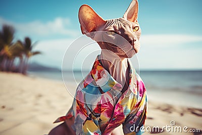 Hairless Sphynx cat in Hawaiian shirt at sunny beach. Generative AI Cartoon Illustration