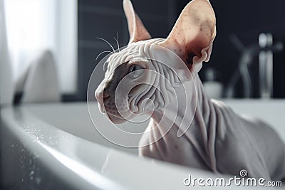 Hairless Sphynx Cat taking bath in bath tube Cartoon Illustration