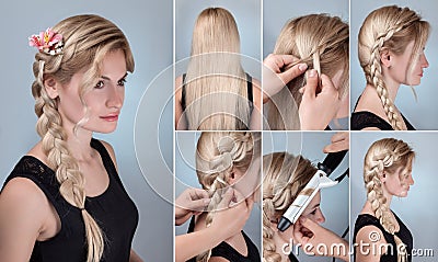 Hairstyle braid with natural flowers tutorial Stock Photo