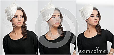 Hairstyle and make up - beautiful young girl art portrait. Cute brunette with white cap and veil, studio shot. Attractive female Stock Photo